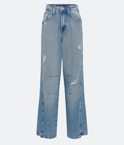 Calça Reta em Jeans Lateral Deslocada e Puídos