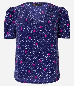 Blusa em Crepe com Manga Bufante e Estampa Poá e Corações