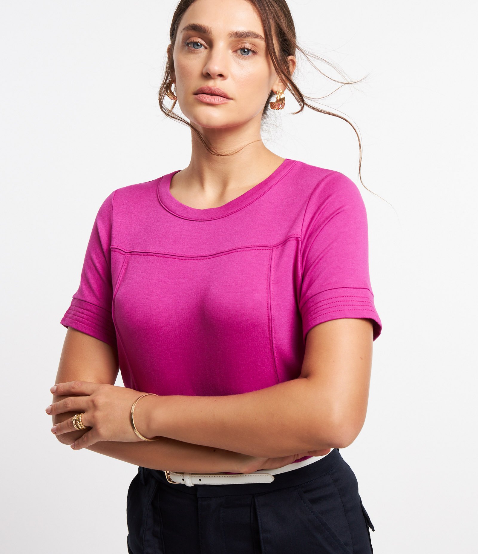 Blusa Manga Curta em Viscose com Costura Contrastante Rosa 1