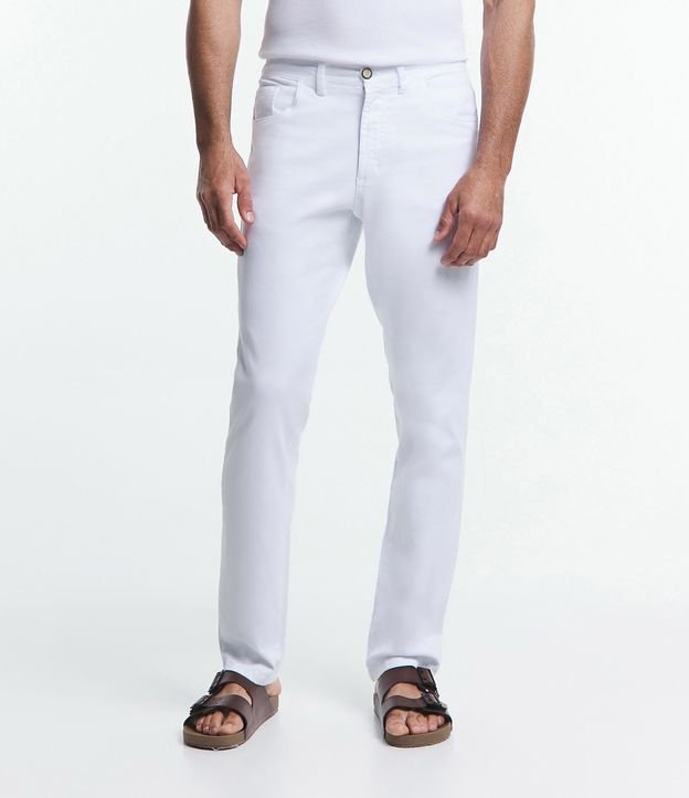 Calça Slim em Sarja com Cós Elástico e Cordão Interno