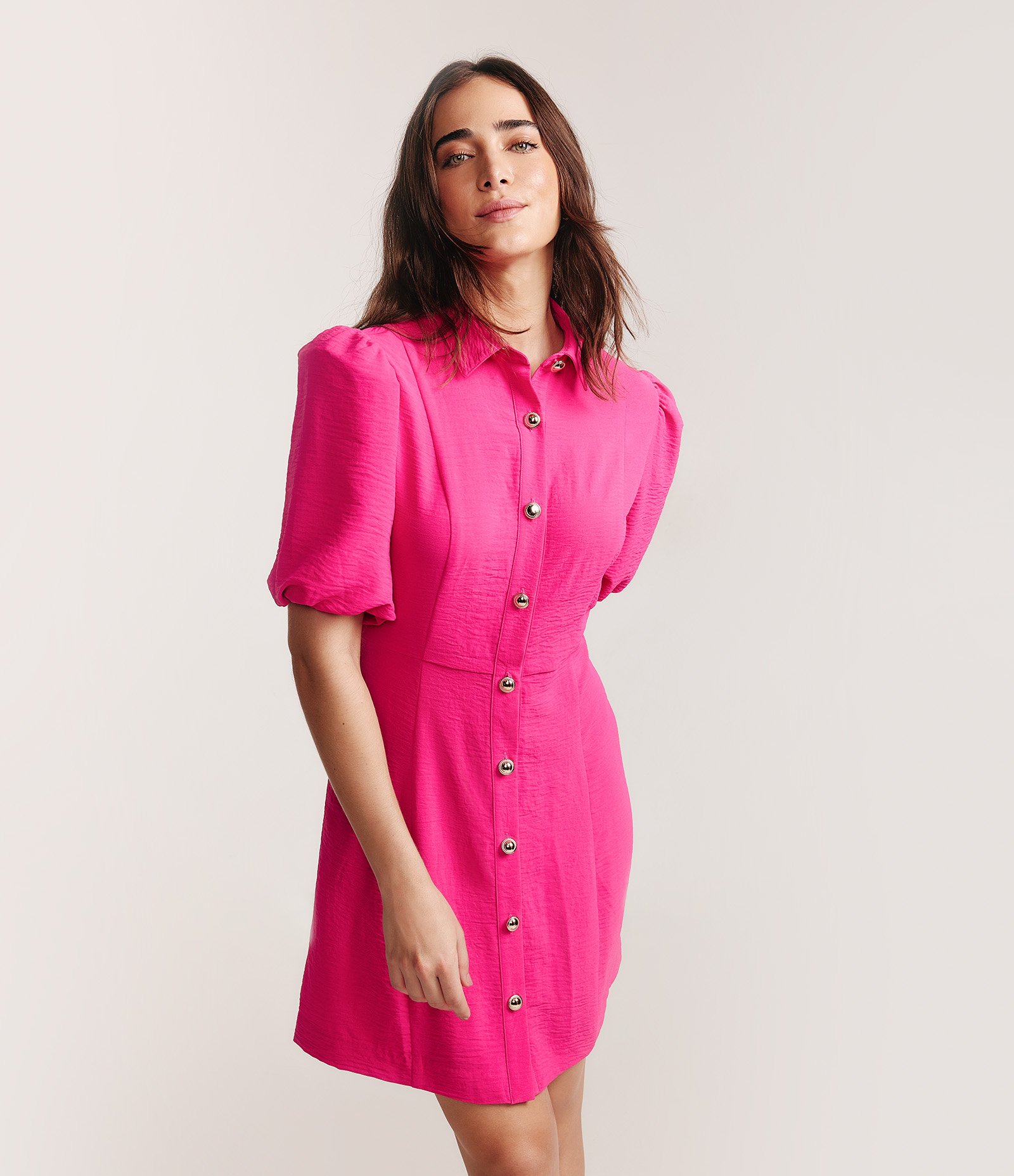 Vestido Curto com Manga Bufante com Botões Diferenciados Rosa 2