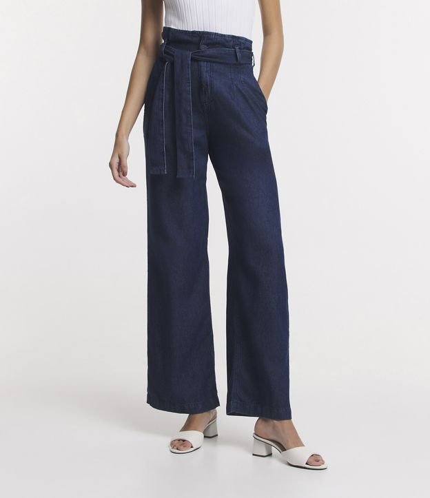 Calça Clochard Cintura Alta em Jeans com Amarração Azul Marinho 2