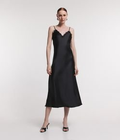 Vestido Midi Slip Dress Acetinado de Alça com Renda no Decote