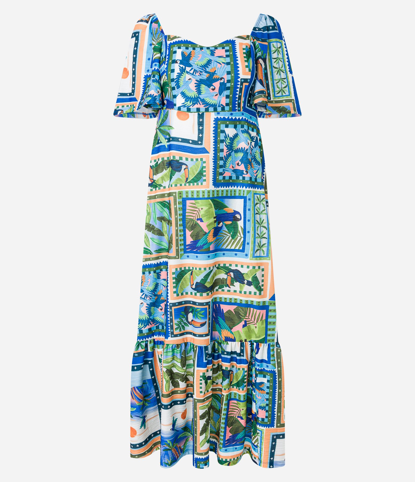 Vestido New Midi Texturizado com Estampa Tropical e Mangas Soltinhas Azul 7