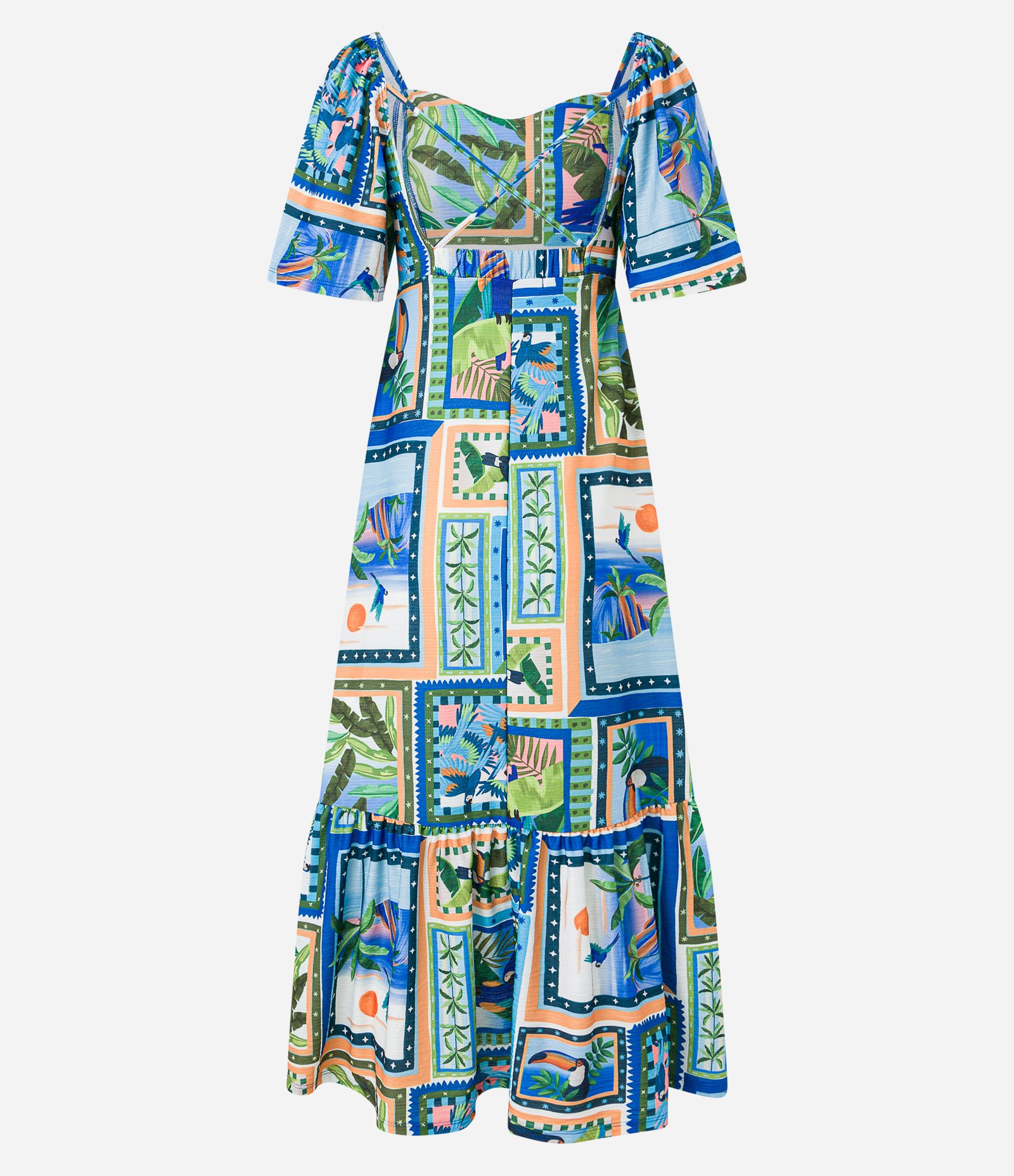 Vestido New Midi Texturizado com Estampa Tropical e Mangas Soltinhas Azul 9