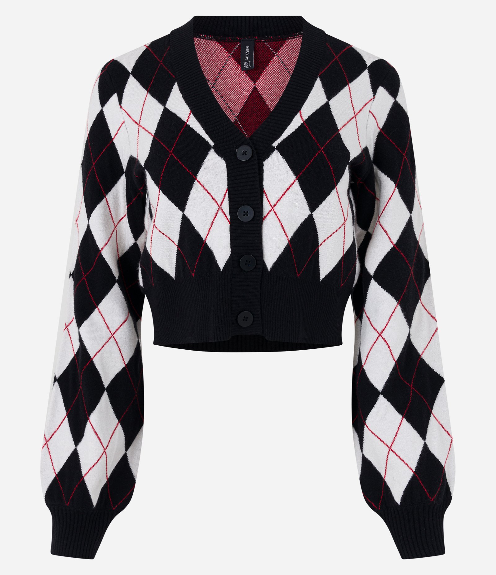 Cardigan em Tricô Xadrez Argyle e Botões Preto 5