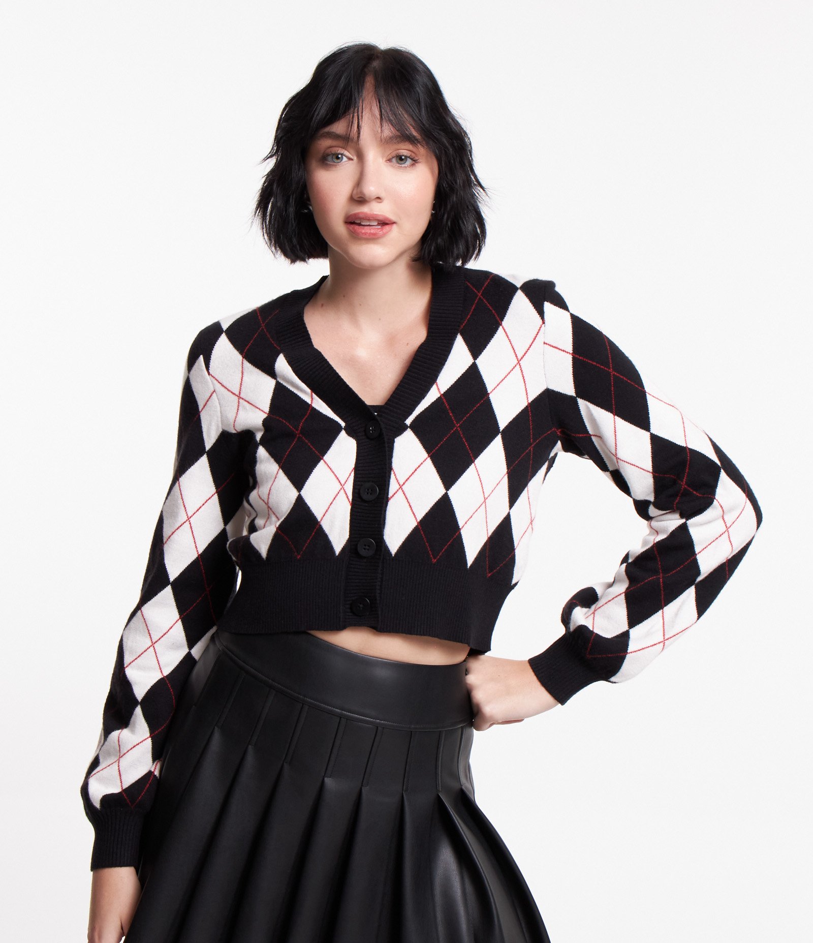 Cardigan em Tricô Xadrez Argyle e Botões Preto 1
