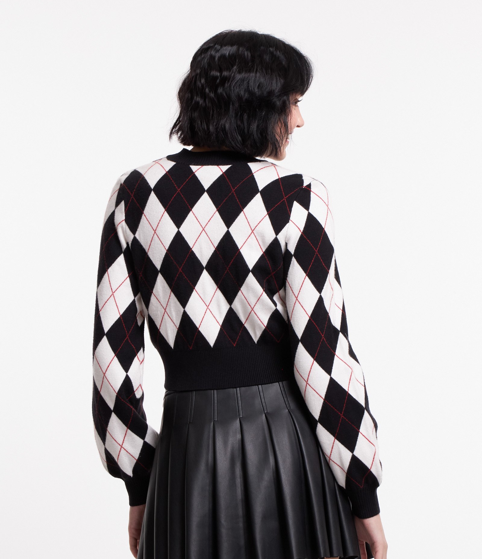 Cardigan em Tricô Xadrez Argyle e Botões Preto 3