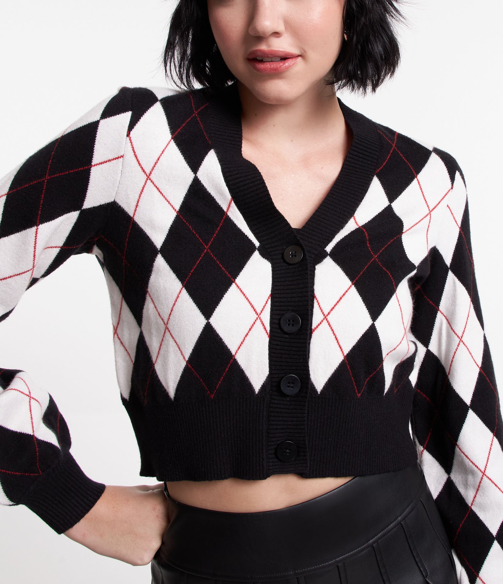 Cardigan em Tricô Xadrez Argyle e Botões Preto 4