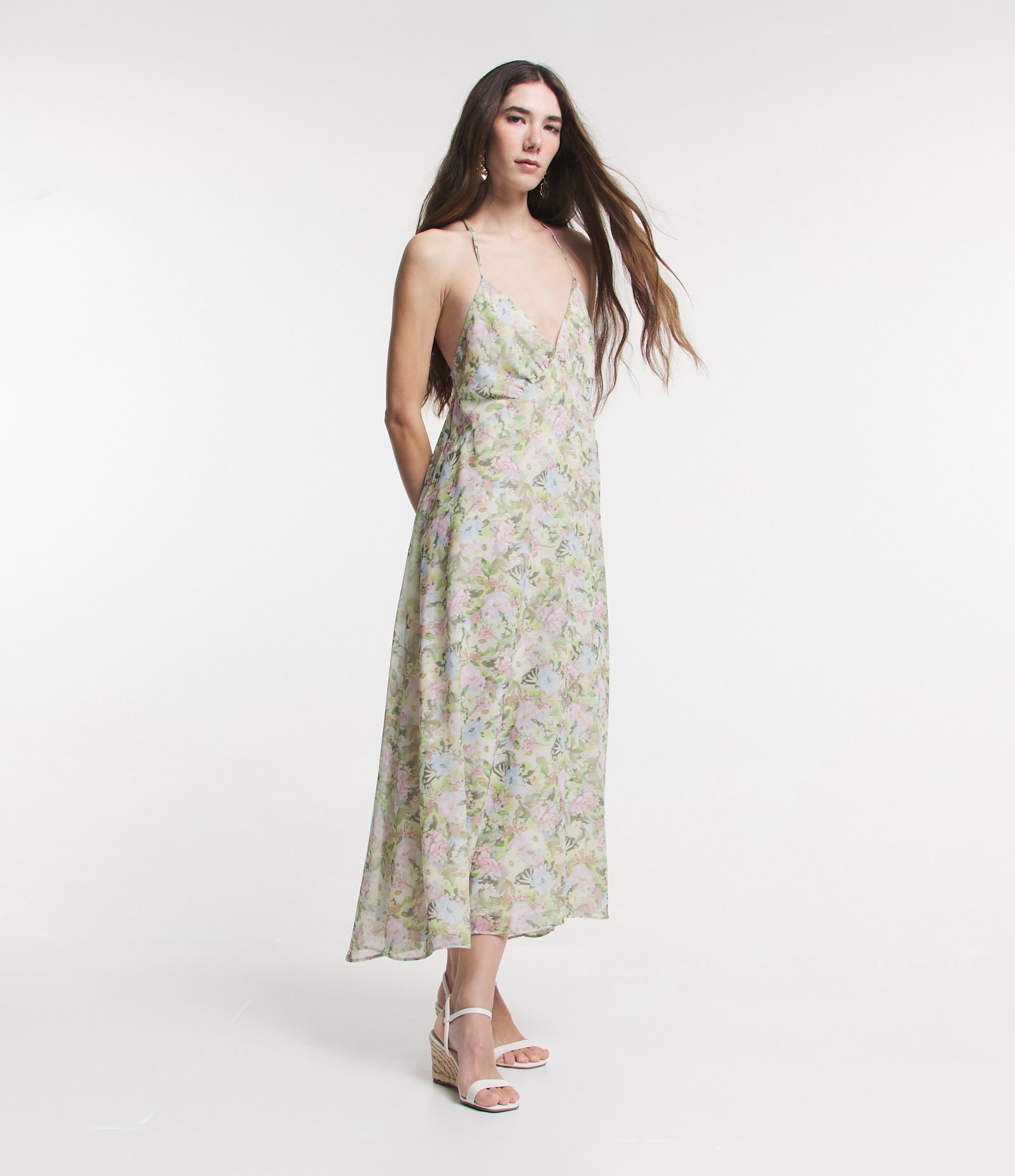 Vestido Midi em Chiffon com Estampa Floral com Alças Finas Verde 1