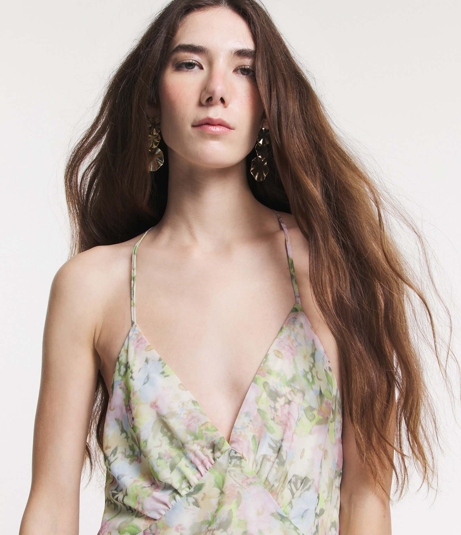 Vestido Midi em Chiffon com Estampa Floral com Alças Finas Verde 2