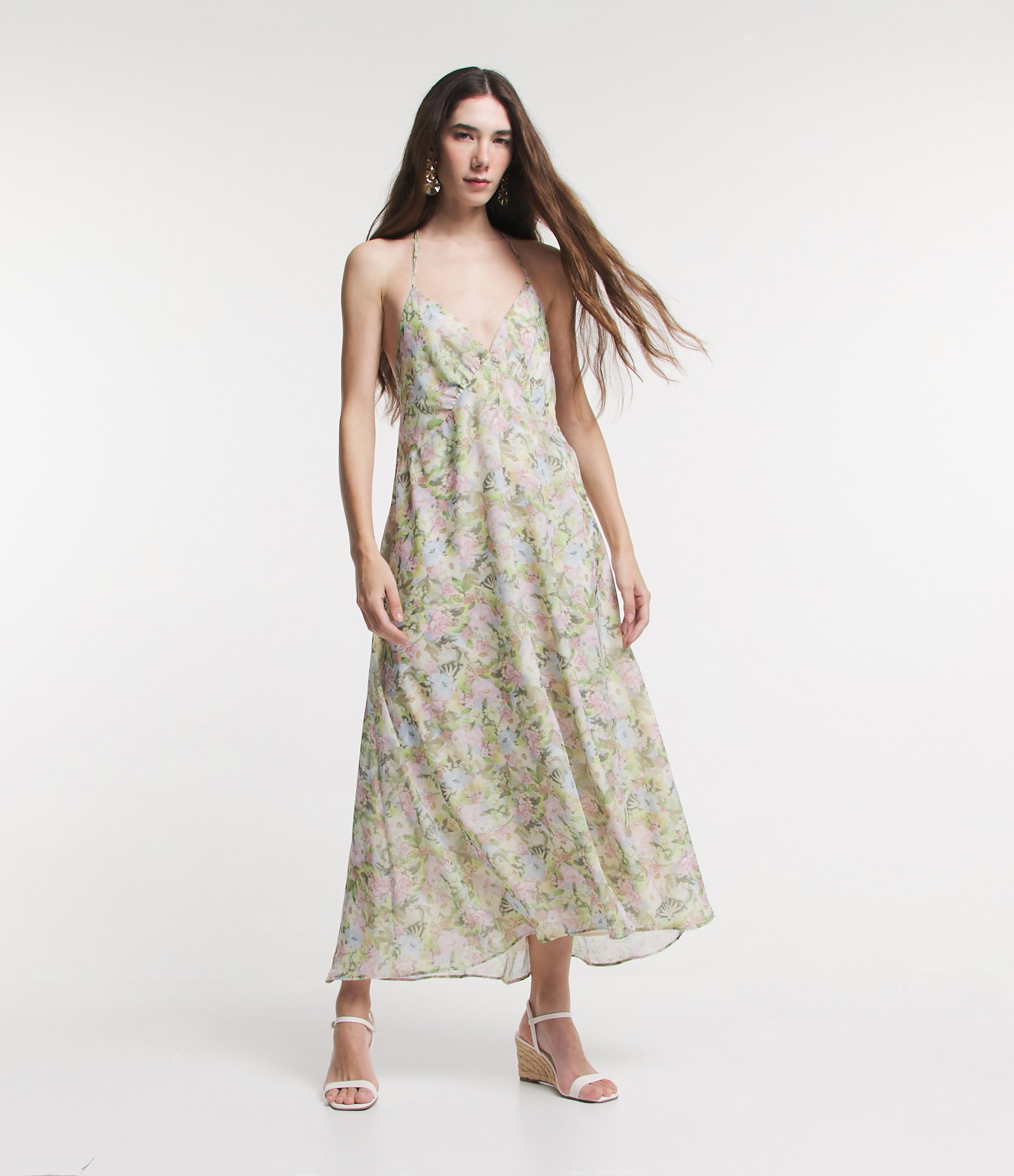 Vestido Midi em Chiffon com Estampa Floral com Alças Finas Verde 5