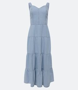 Vestido de Alça em Sarja com Lastex e Recortes Franzidos