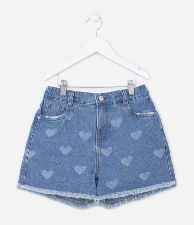 Short Jeans Infantil com Estampa de Coração e Barra Desfiada - Tam 5 a 14 Anos Azul 1