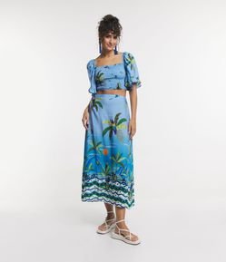 Saia New Midi em Viscose Degrade com Estampa Tropical