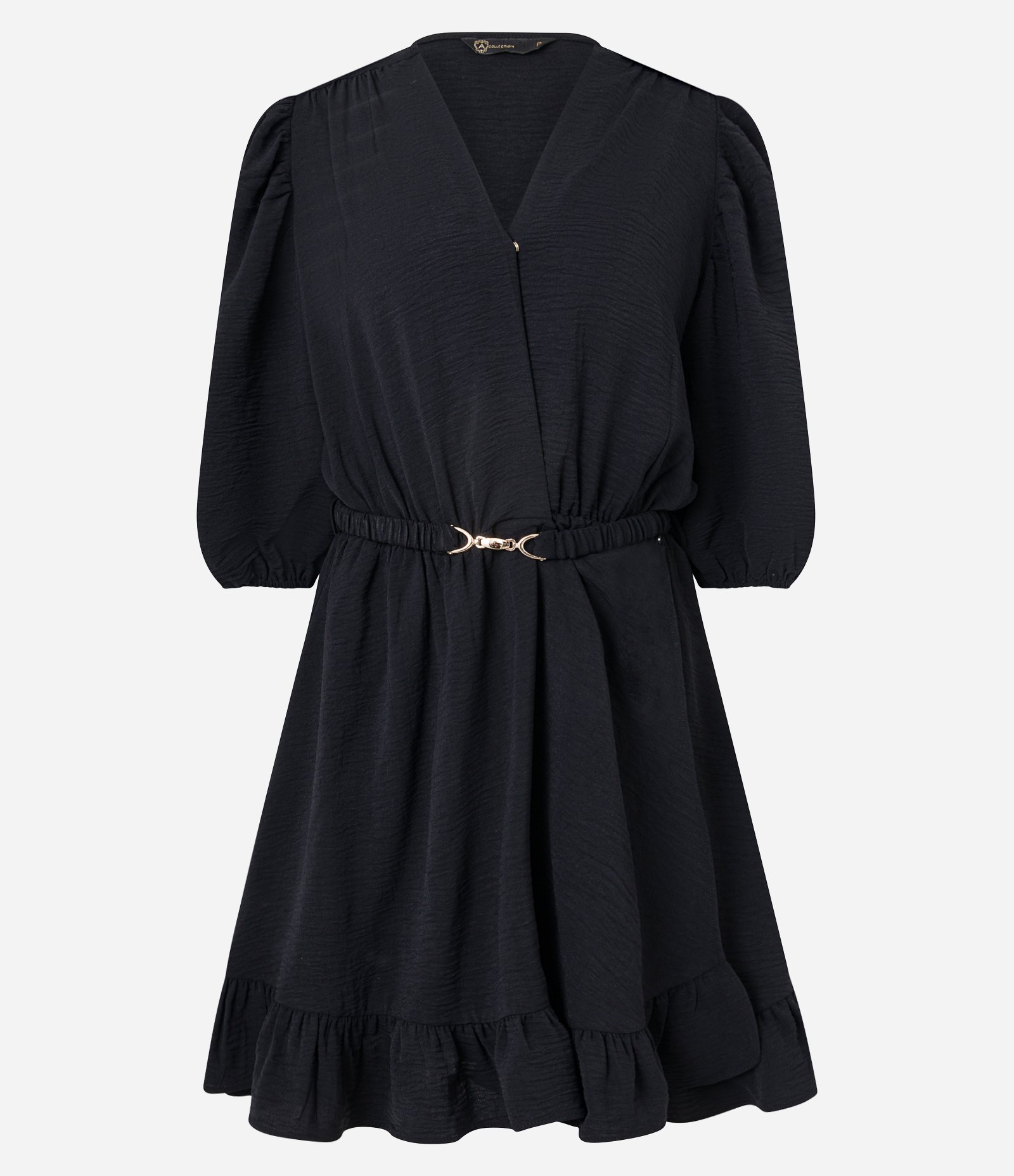 Vestido Curto com Manga Bufante e Cinto com Detalhe em Metal Preto 5