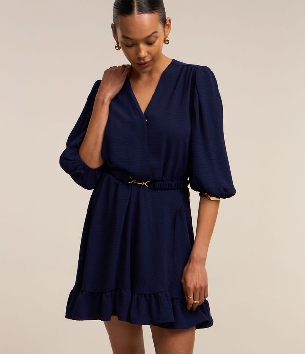 Vestido Curto com Manga Bufante e Cinto com Detalhe em Metal