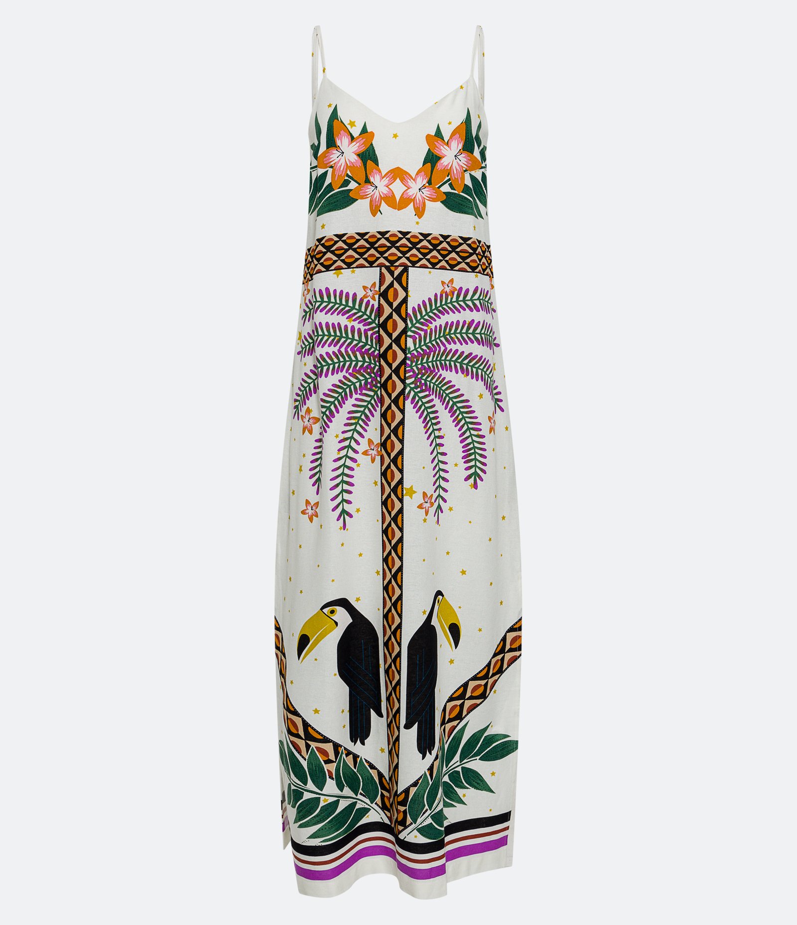 Vestido New Midi em Linho com Estampa Tropical e Alças Finas Off White 6