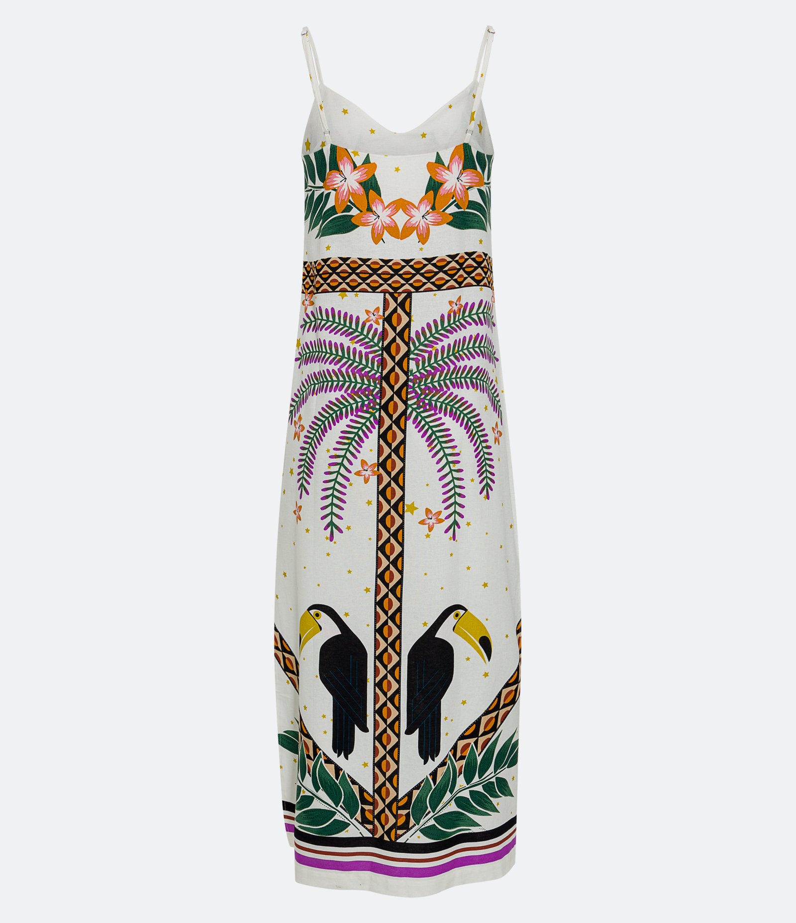 Vestido New Midi em Linho com Estampa Tropical e Alças Finas Off White 7