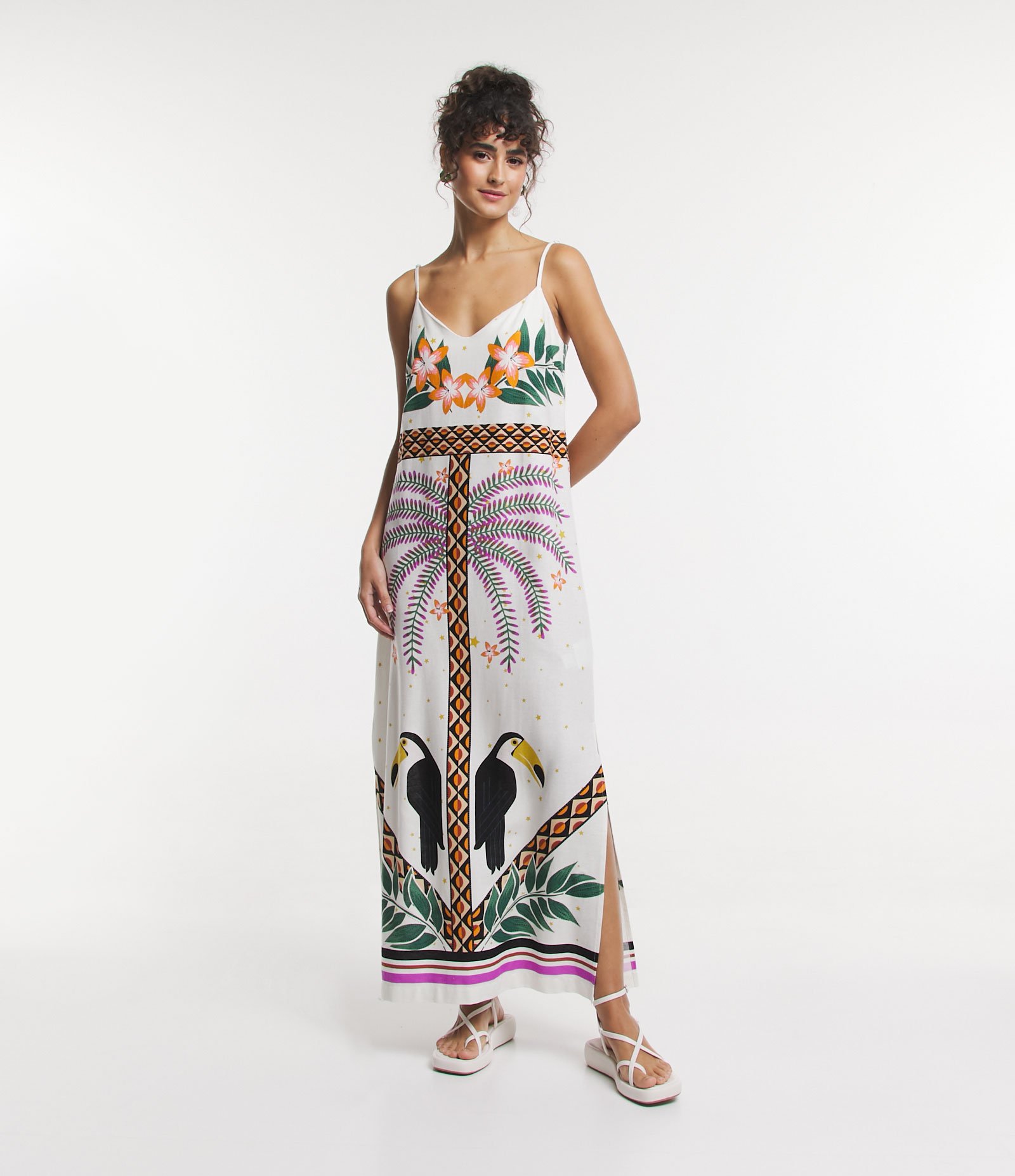 Vestido New Midi em Linho com Estampa Tropical e Alças Finas Off White 1