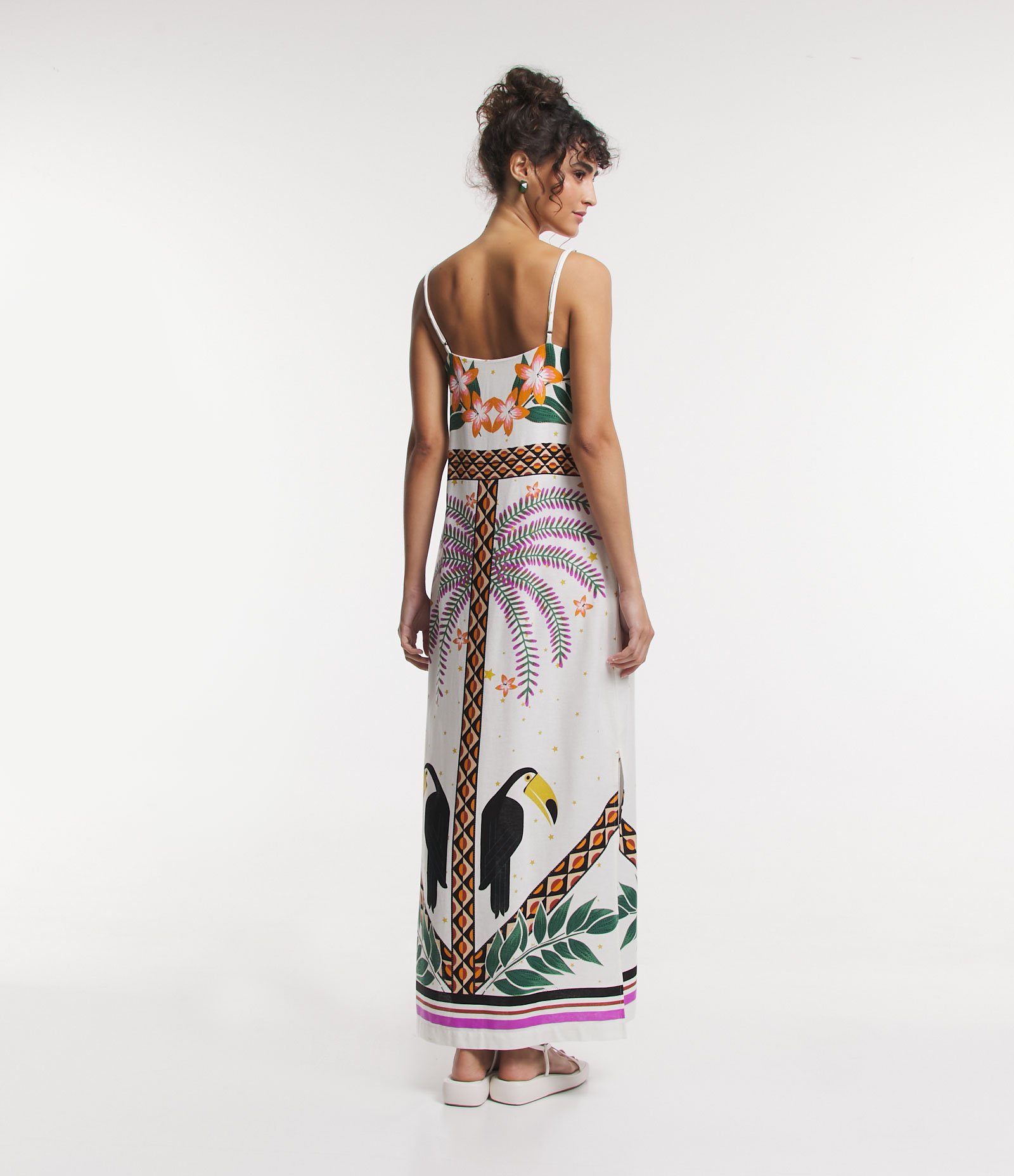 Vestido New Midi em Linho com Estampa Tropical e Alças Finas Off White 2