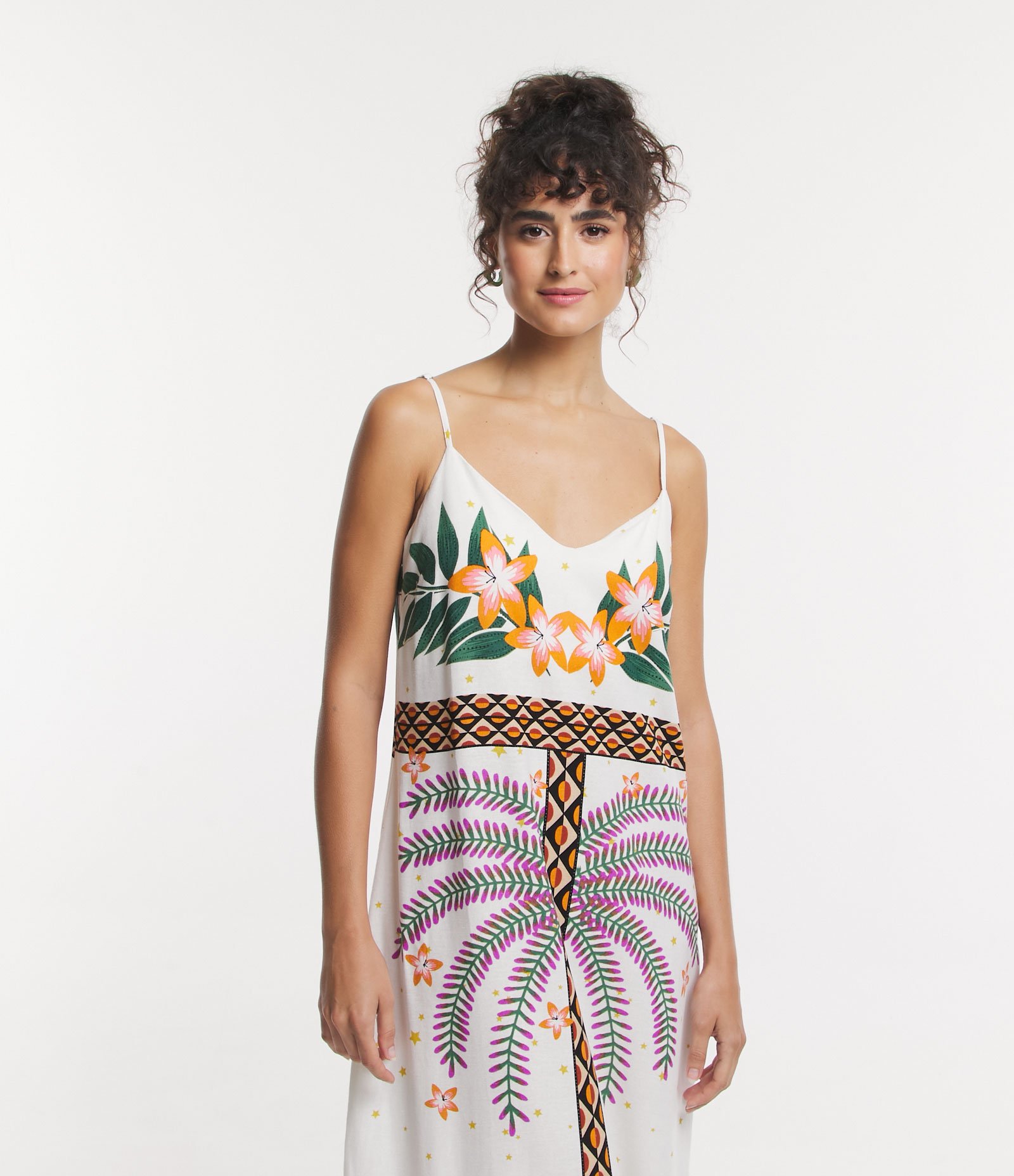 Vestido New Midi em Linho com Estampa Tropical e Alças Finas Off White 3