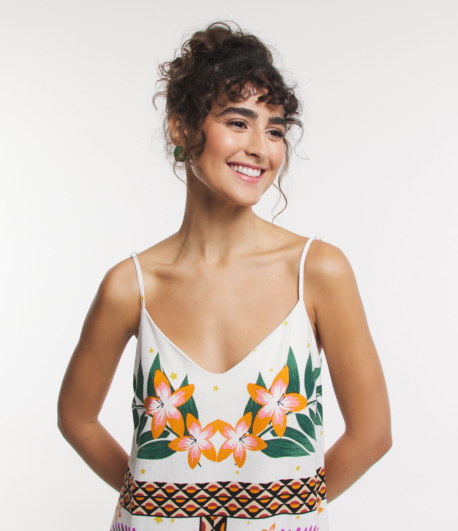 Vestido New Midi em Linho com Estampa Tropical e Alças Finas Off White 4
