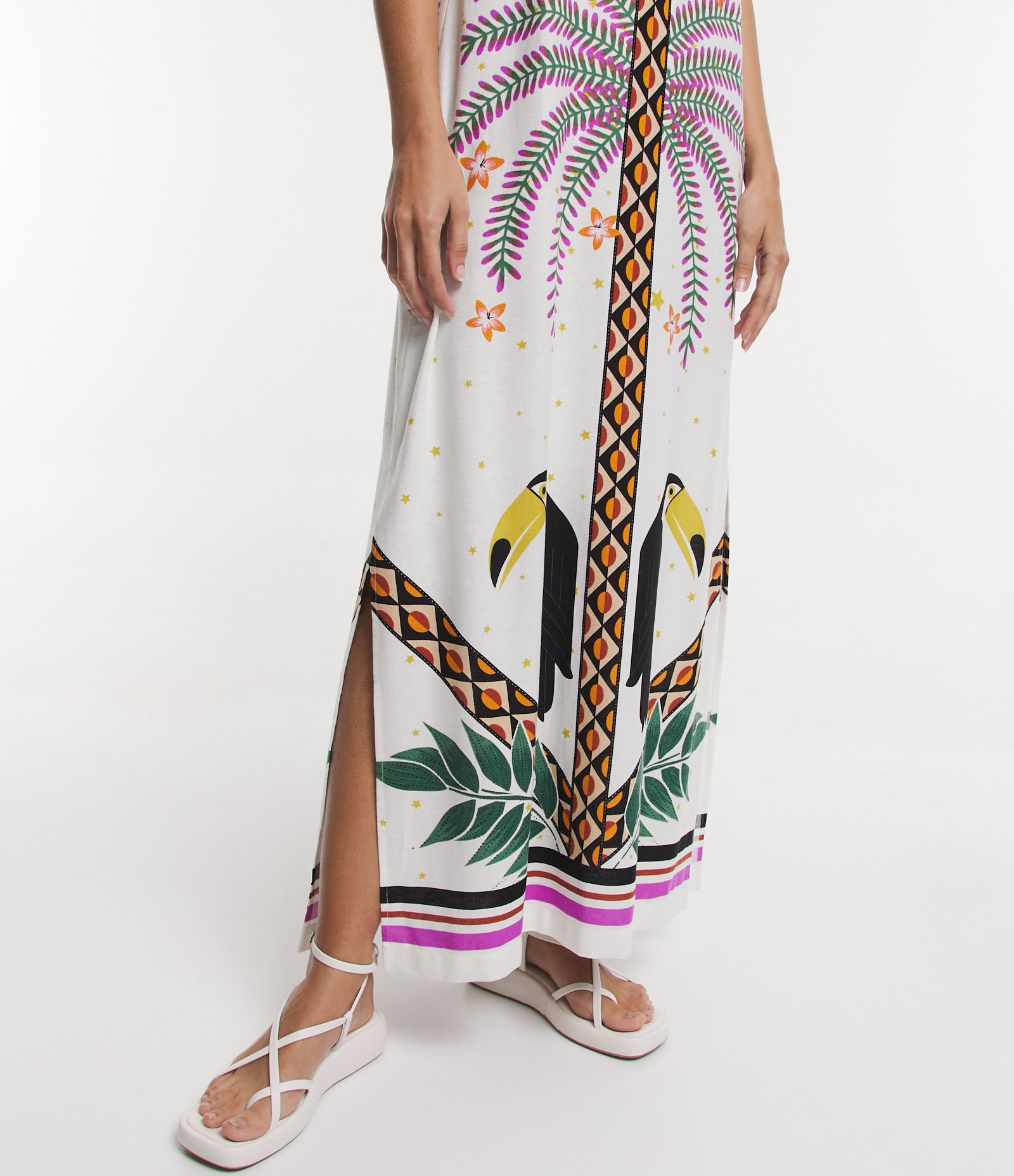 Vestido New Midi em Linho com Estampa Tropical e Alças Finas Off White 5