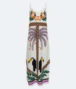 Vestido New Midi em Linho com Estampa Tropical e Alças Finas