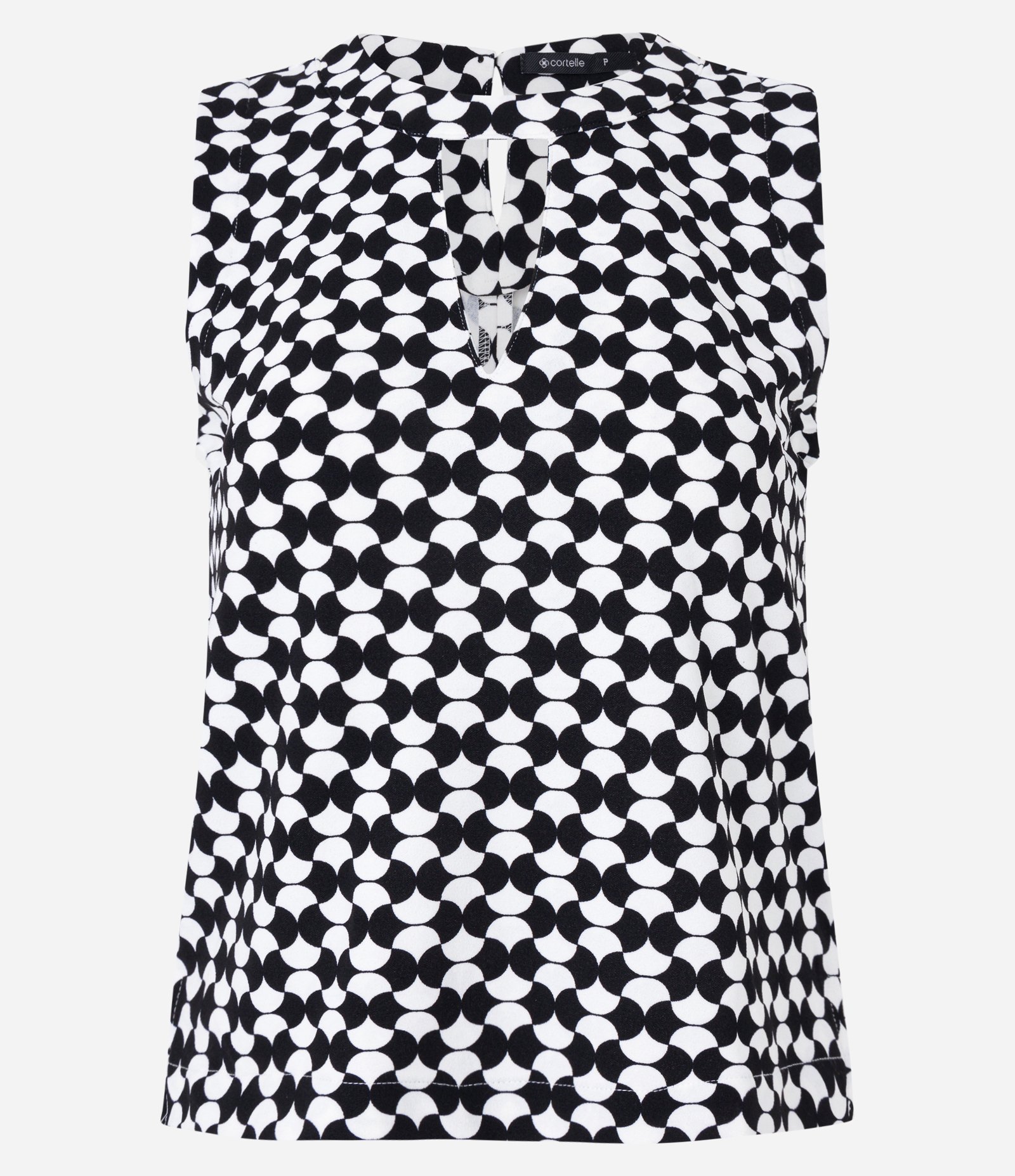 Blusa sem Manga em Crepe com Recorte Vazado na Gola e Estampa Geométrica Preto/ Branco 7
