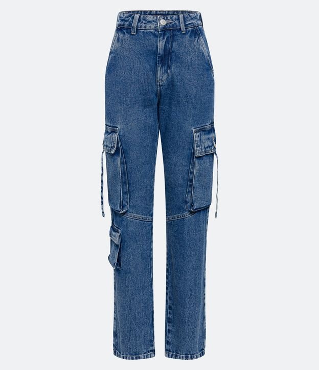 Calça Reta Jeans com Bolso Cargo e Recorte na Perna Azul 5