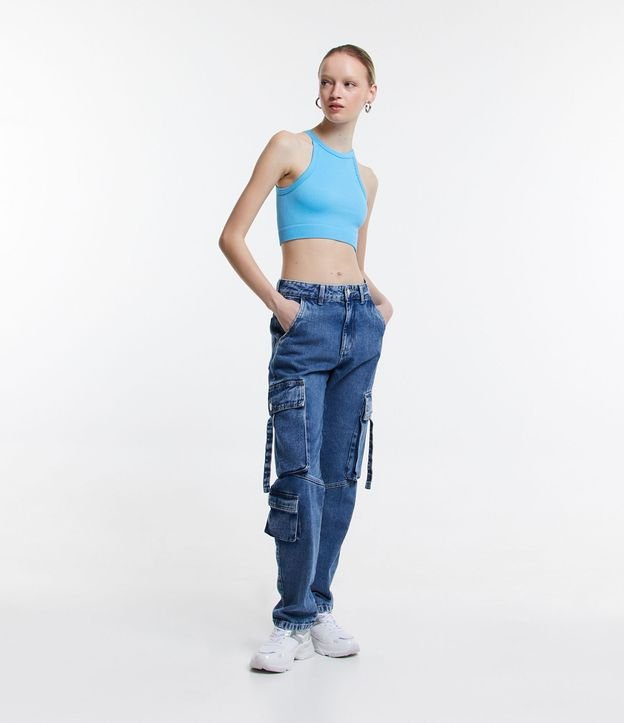 Calça Reta Jeans com Bolso Cargo e Recorte na Perna Azul 1