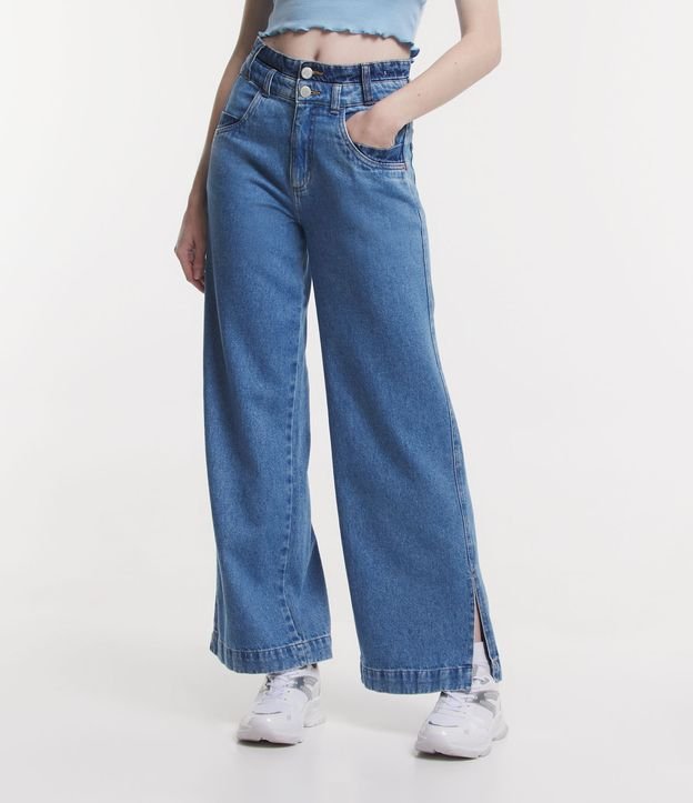 Calça Wide Leg Jeans com Cós Duplo e 2 Botões Azul 2