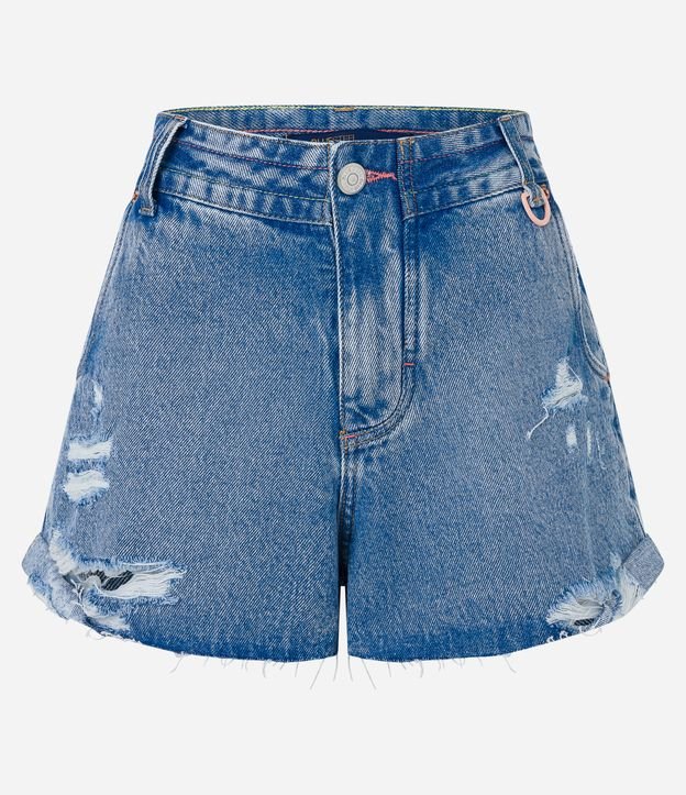 Short Boyfriend em Jeans com Puídos e Barra Desfeita Azul 5