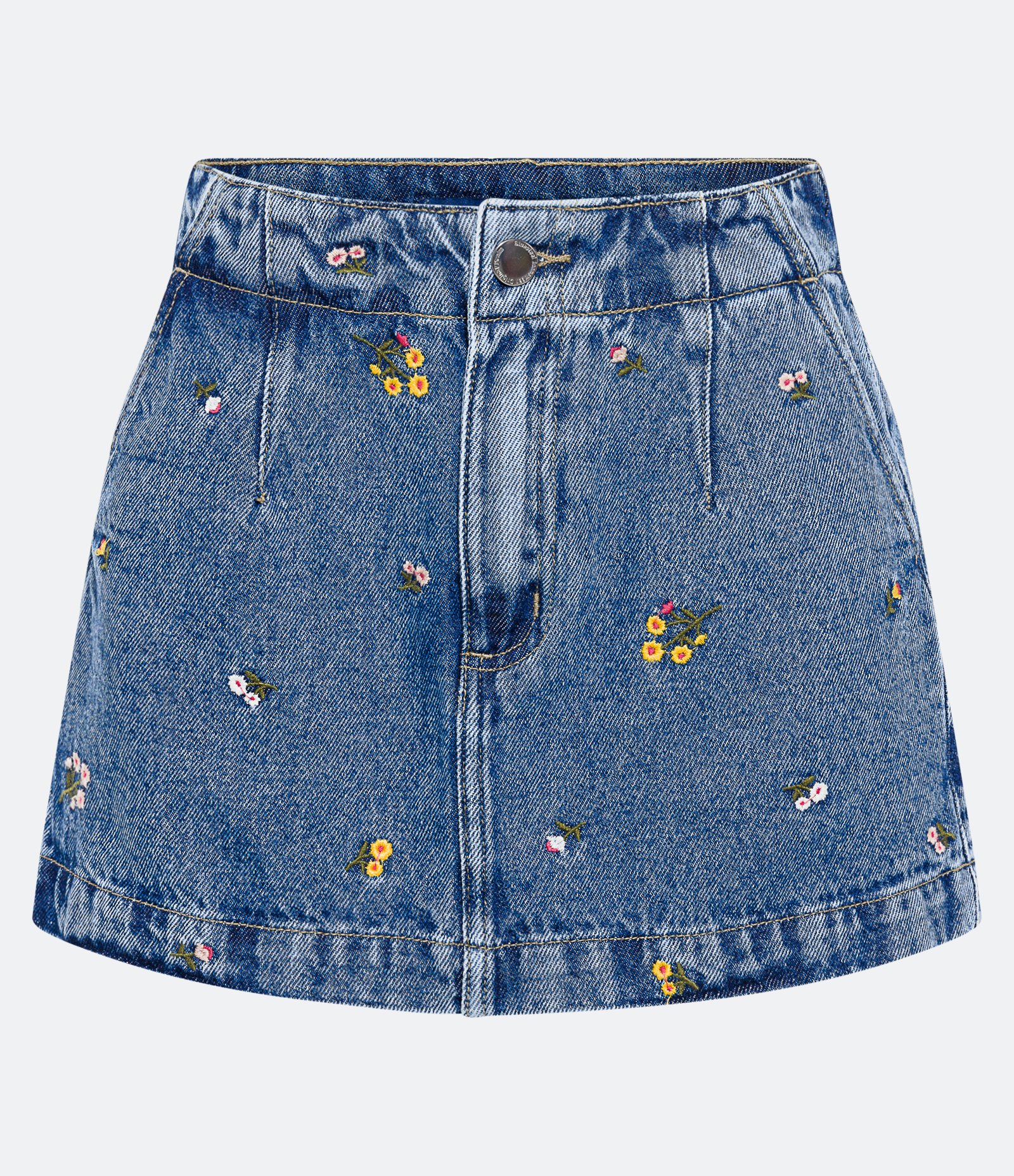 Saia Curta Jeans com Bolsos e Bordado Floral Liberty Azul 5