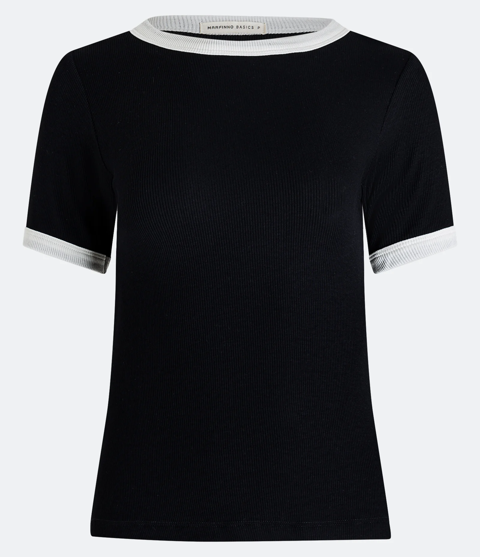 Blusa Meia Malha com Contraste na Gola e Manga Curta Preto 1