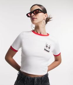 Blusa Cropped em Meia Malha com Estampa Gatinho de Óculos