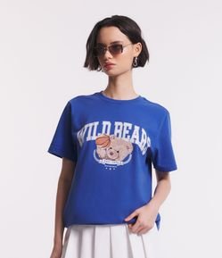 Camiseta Alongada em Meia Malha com Estampa Urso College