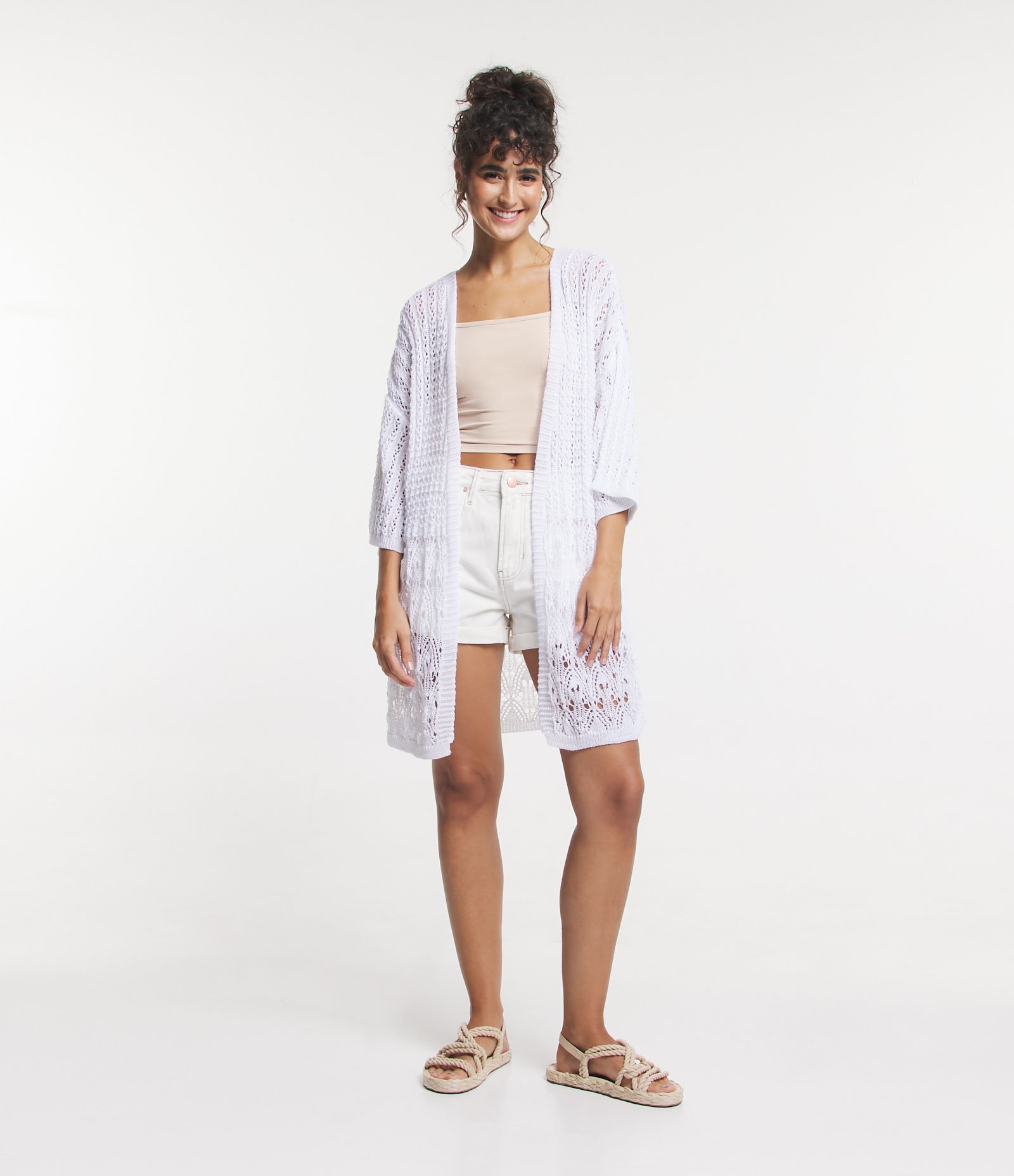 Kimono em Tricô Alongado com Mix de Pontos Branco 2