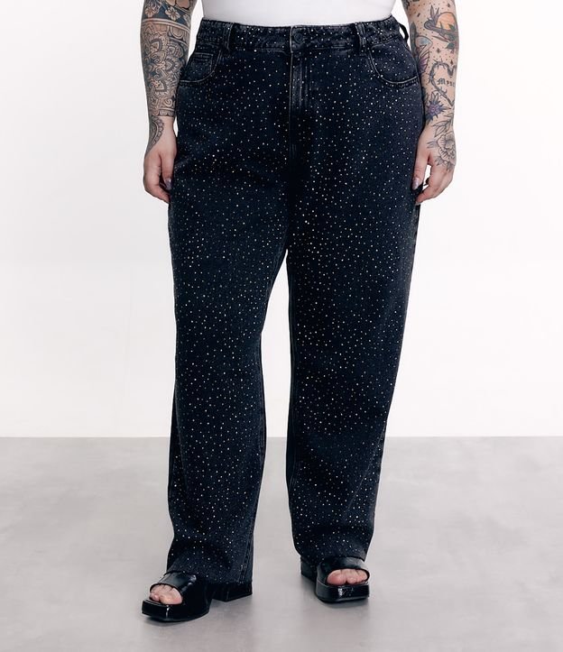 Calça Reta em Jeans com Bolsos e Brilho Curve & Plus Size Preto Estonado 2
