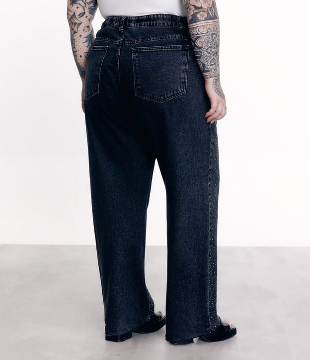 Calça Reta em Jeans com Bolsos e Brilho Curve & Plus Size Preto Estonado 3