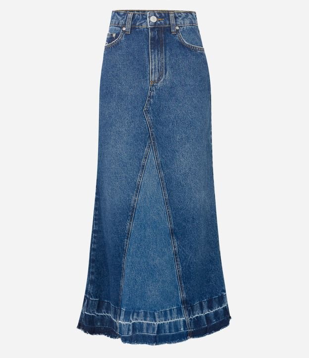 Saia Longa Evasê em Jeans com Recortes e Barra Desfeita Azul 6