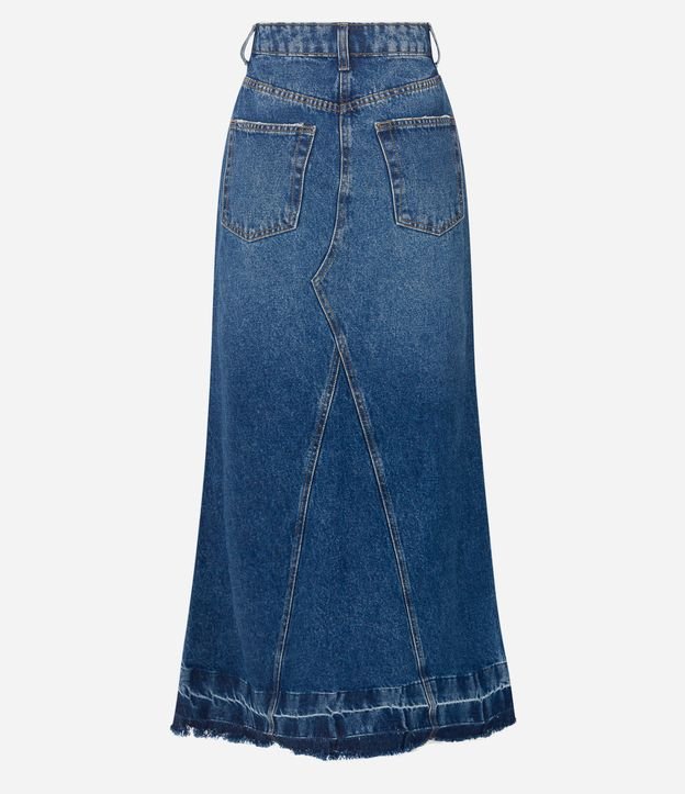 Saia Longa Evasê em Jeans com Recortes e Barra Desfeita Azul 7