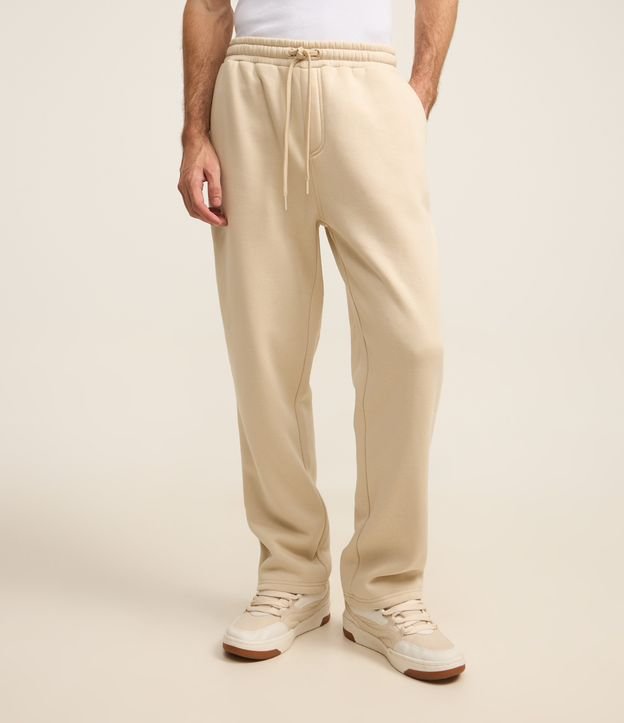 Calça Reta em Moletom com Bolsos e Amarração no Cós