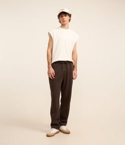 Calça Reta em Moletom com Bolsos e Amarração no Cós
