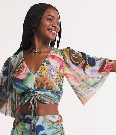 Menor preço em Blusa Cropped em Tule com Manga Soltinha e Estampa Tropical