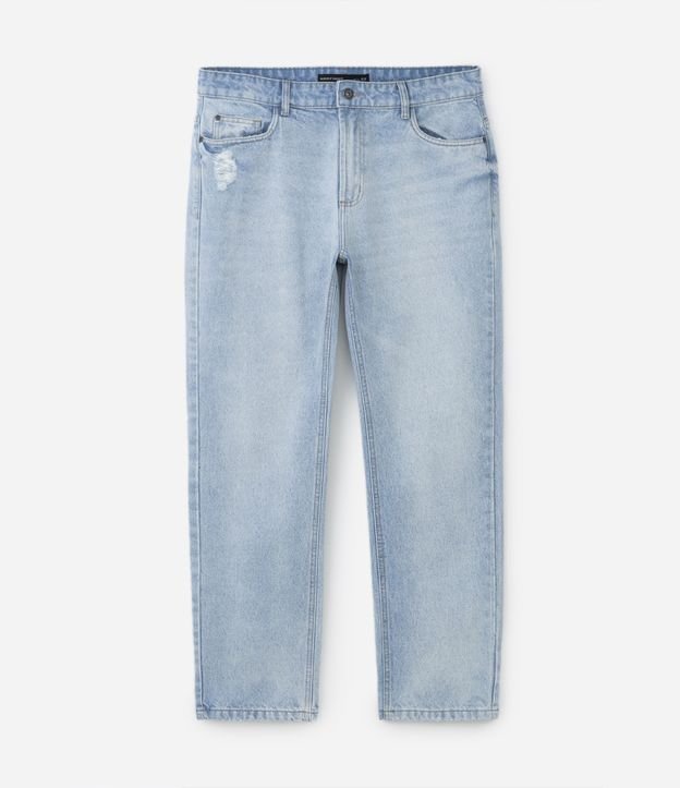 Calça Reta Jeans com Bolsos e Puídos Azul Claro 6