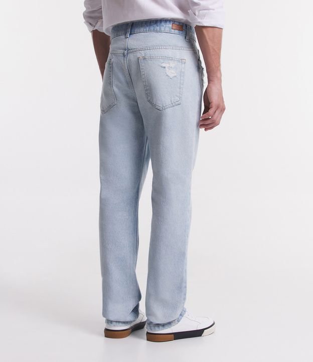 Calça Reta Jeans com Bolsos e Puídos Azul Claro 3