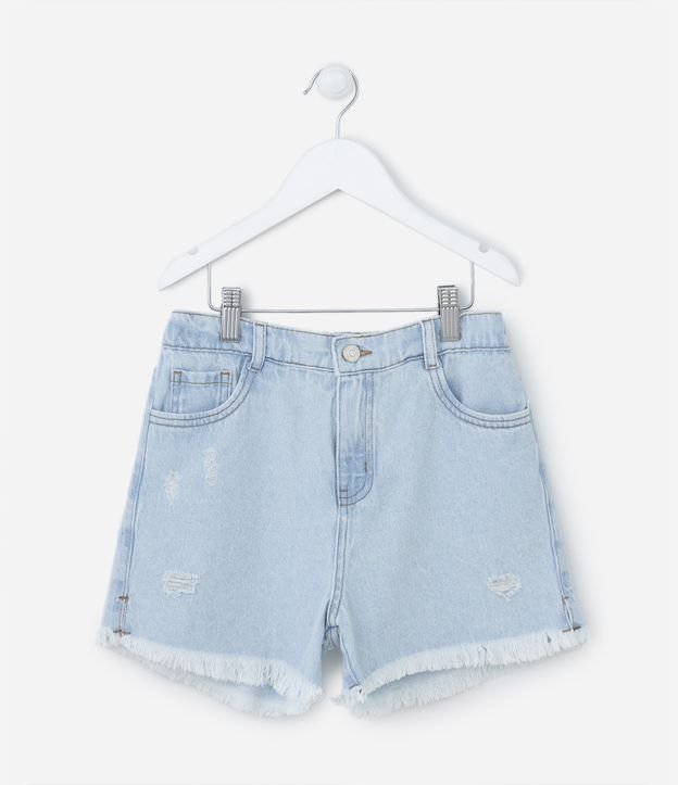 Short Jeans Infantil com Cintura Alta e Barra Desfiada - Tam 5 a 14 anos Azul 1