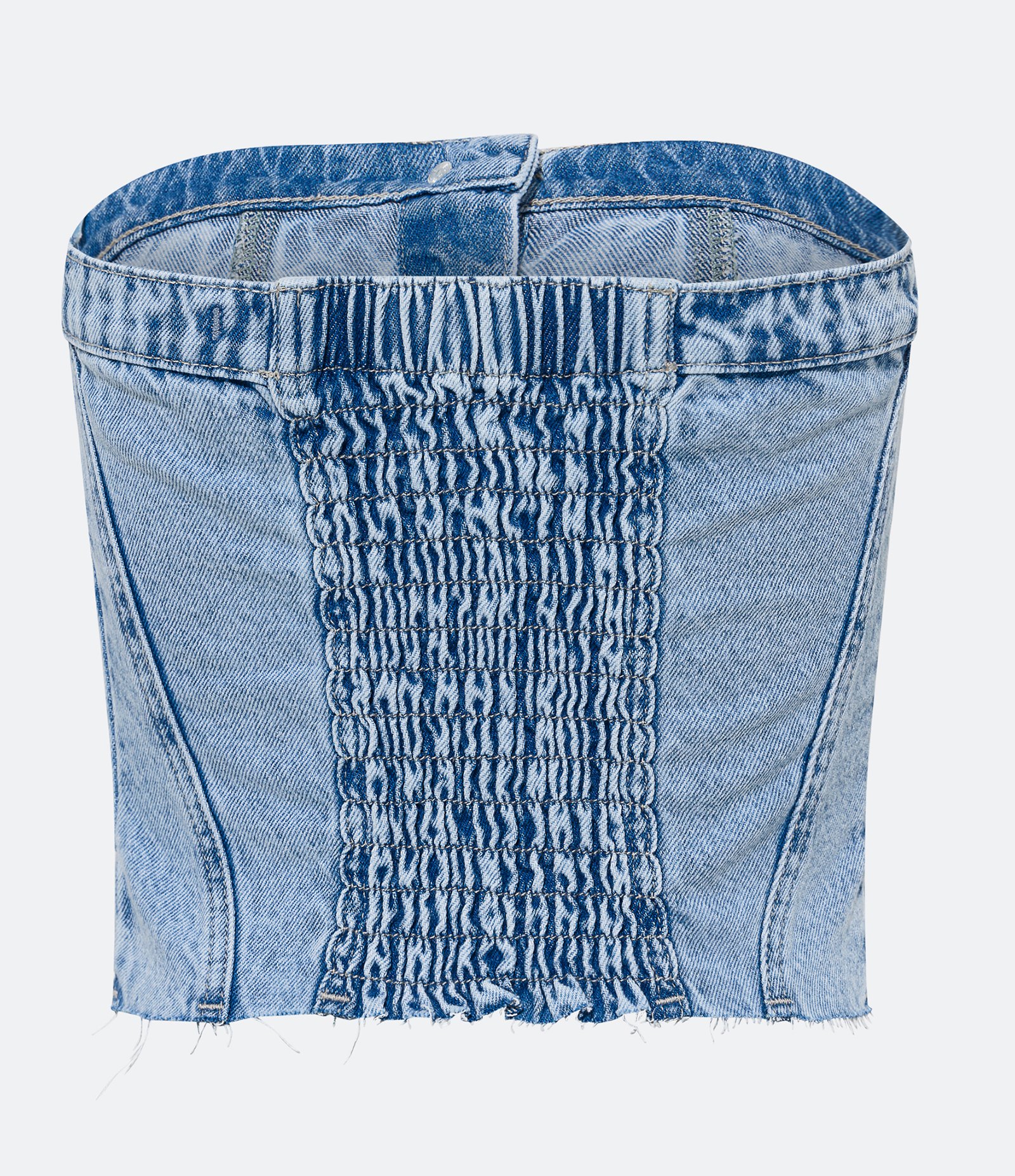 Blusa Tomara que Caia em Jeans com Abotoamento e Lastex Azul 6